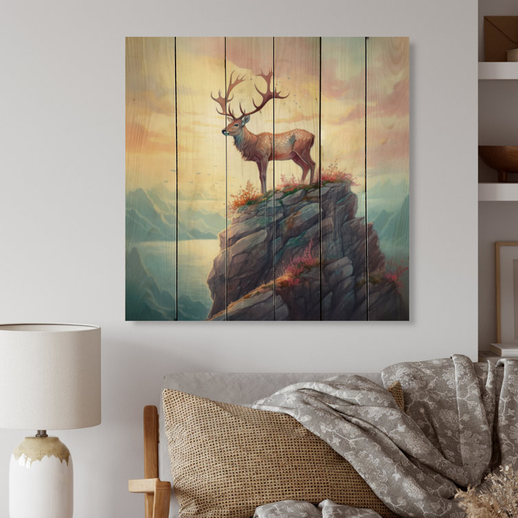 Mystal Stag On Cliff At Sunset III On Wood Print